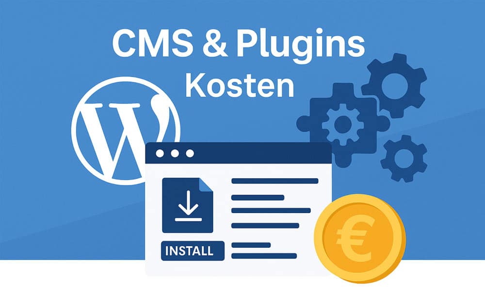 CMS-Symbolen, Plugin-Zahnr&auml;dern und Preisetiketten &ndash; zeigt die Kosten f&uuml;r WordPress-Plugins und Lizenzen.