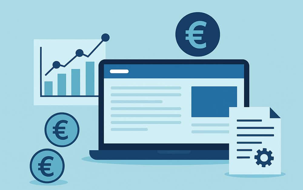 Symbolische Darstellung einer Domain-Registrierung mit URL-Endungen wie .de, .com und einer Preisanzeige.