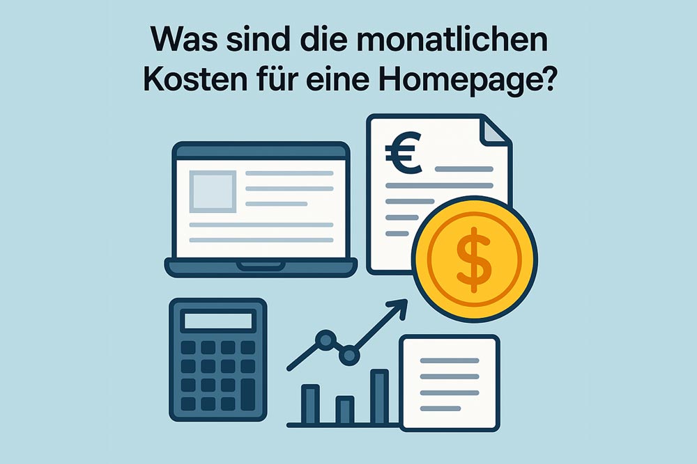Illustration einer Website mit Euro-Symbol, Statistiken, Laptop und Dokumenten – symbolisch für die monatlichen Kosten einer Homepage.