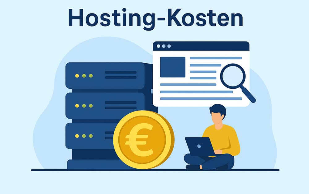 Illustration mit Servern, Euro-Symbol und Website &ndash; symbolisch f&uuml;r monatliche Hosting-Kosten bei professionellen Homepages.
