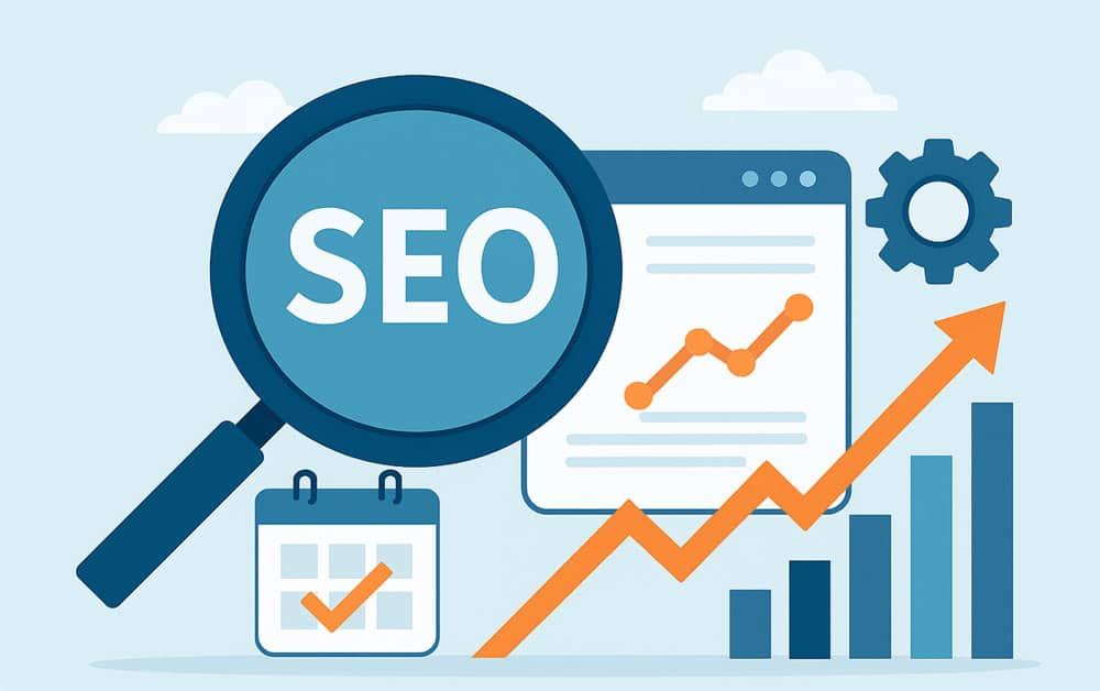 Illustration eines SEO-Dashboards mit Rankingkurven, Suchbegriffen und Optimierungsprozessen &ndash; steht f&uuml;r kontinuierliche Suchmaschinenpflege.