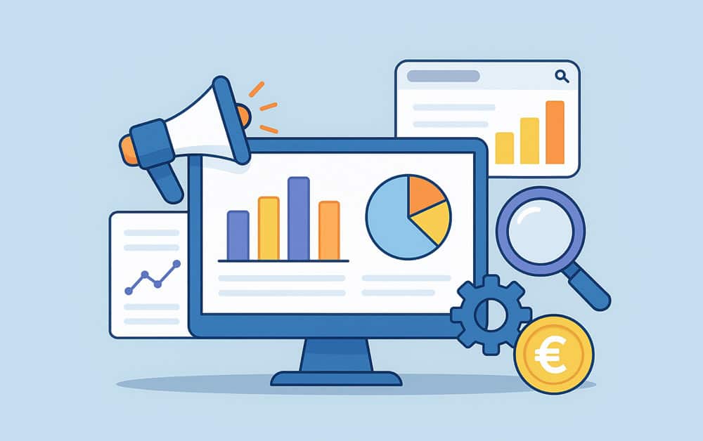  Illustration mit Analyse-Dashboard, Zielscheibe, CRM-Elementen und E-Mail-Marketing-Symbolen &ndash; steht f&uuml;r digitale Marketing- und Trackingl&ouml;sungen.