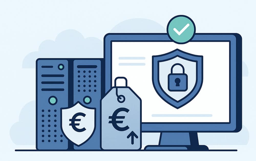 Grafik mit Vorh&auml;ngeschloss, Firewall-Symbolen, Servern und HTTPS-Zeichen &ndash; steht f&uuml;r die Absicherung von Unternehmenswebsites.