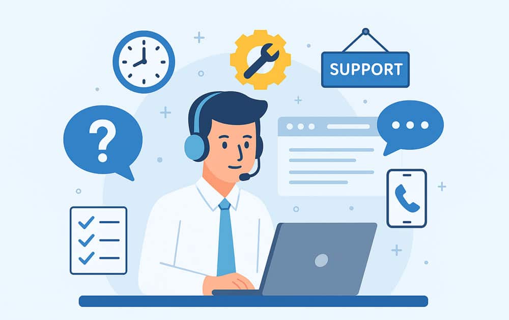 Illustration mit Headset, Laptop, Werkzeug-Icons und Fehlerdiagnose &ndash; steht f&uuml;r technischen Support und Service bei Website-Problemen.
