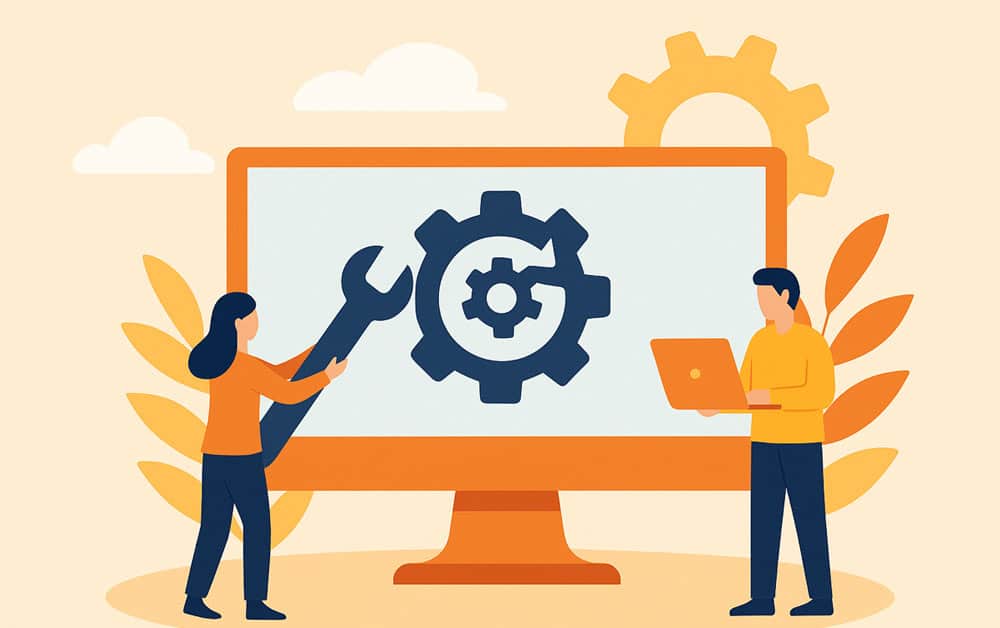  Illustration eines Wartungsprozesses mit Zahnr&auml;dern, Update-Symbolen und einer Website &ndash; visualisiert regelm&auml;&szlig;ige technische Betreuung.